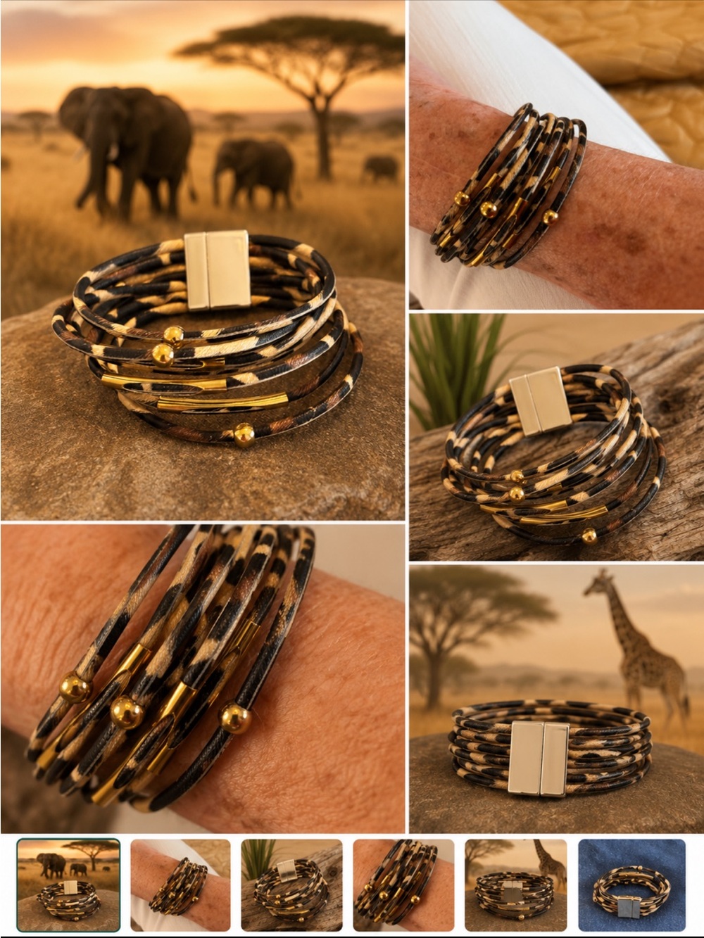 Leopard Print Multi-Wrap Bracelet with Gold Accents